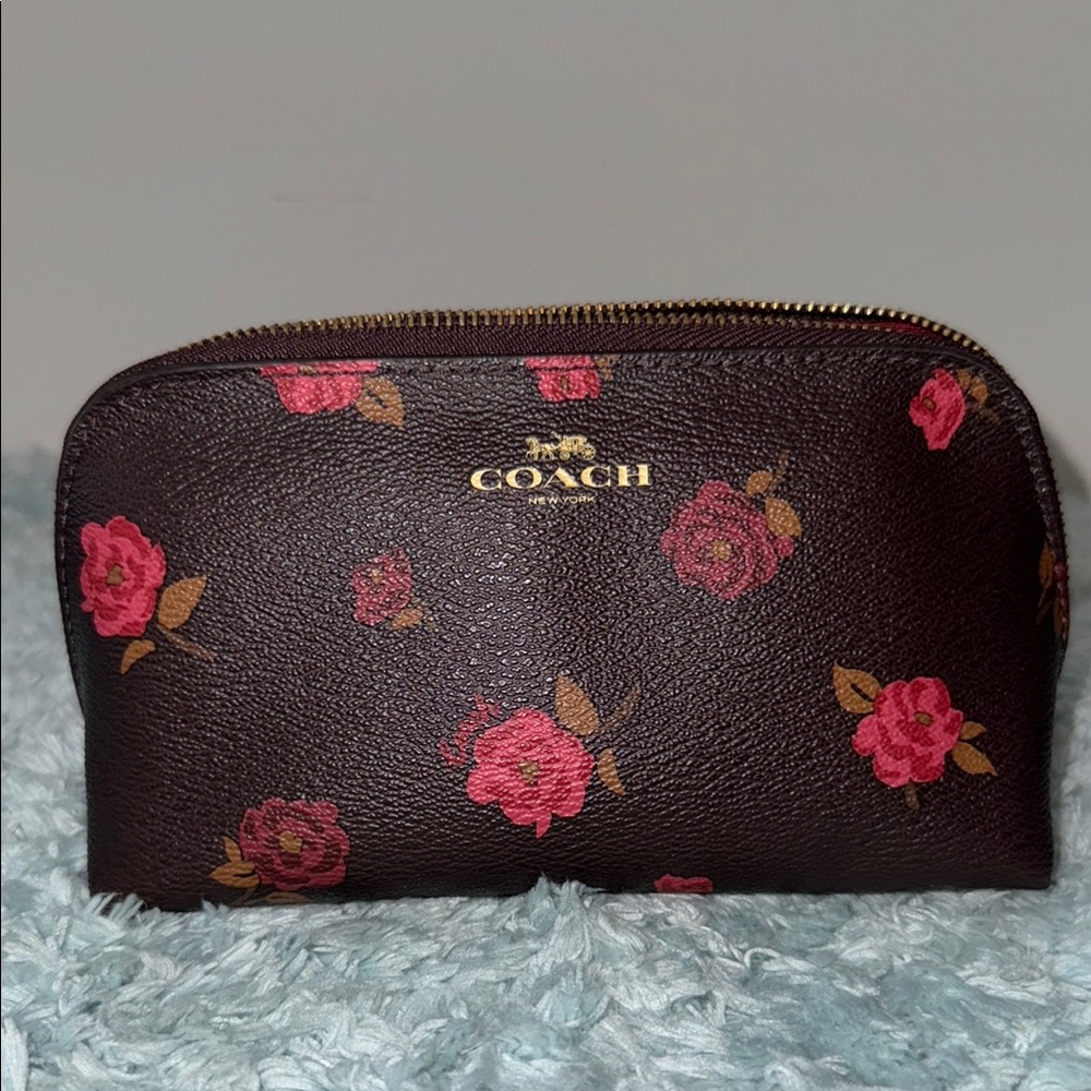 Coach Brown and Pink Cosmetic Bag with Floral Design